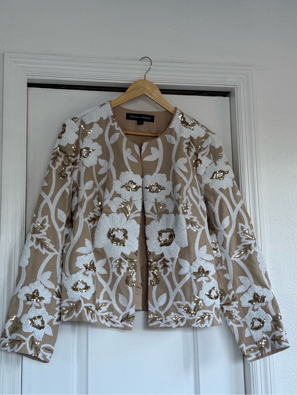 Boston Proper Beige Jacket with White Floral Embroidery and Gold Sequin Accents